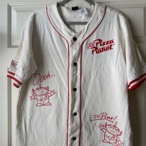 Toy Story Pixar Pizza Planet White & Red Button-Up baseball jersey